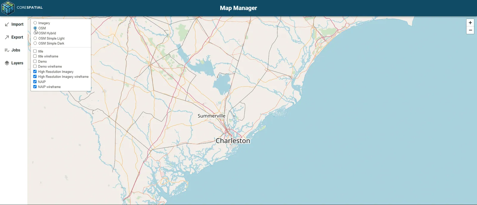 CoreSpatial Map Manager upload interface