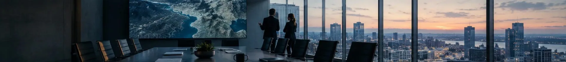 Two people presenting terrain imagery on a large screen in a boardroom overlooking the city at sunset