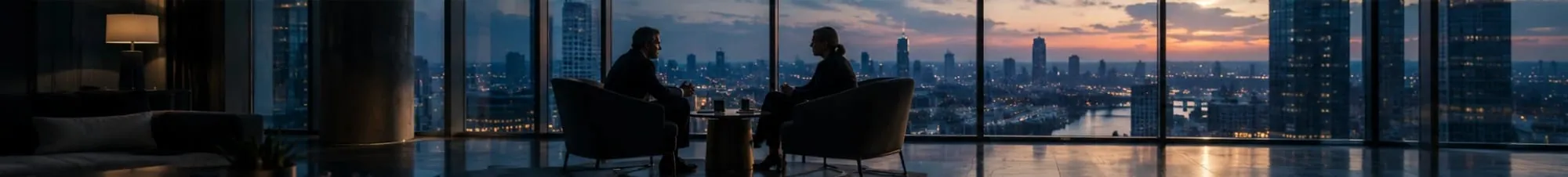 Two people in conversation in a quiet office lounge overlooking the city at dusk
