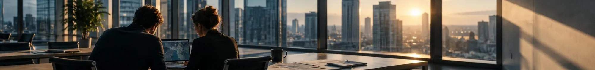 Two colleagues reviewing a map on a laptop in an office overlooking the city at sunrise