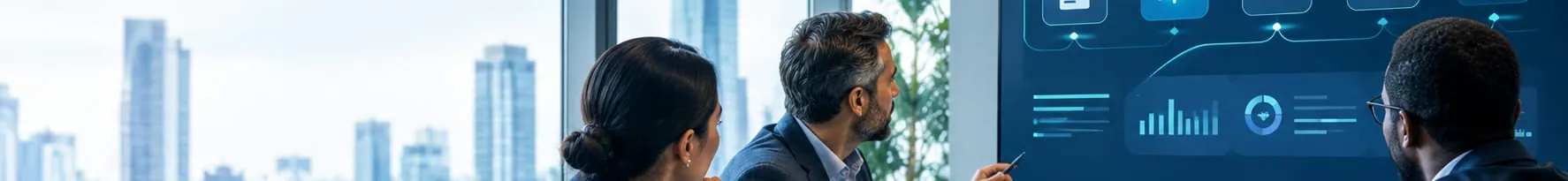 Three colleagues in a conference room reviewing an AI workflow dashboard on a wall screen