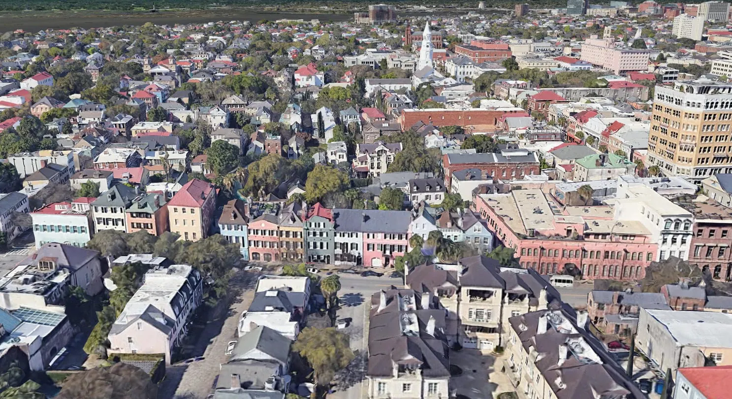 Photorealistic 3D view of Charleston's Rainbow Row in CoreSpatial 3D