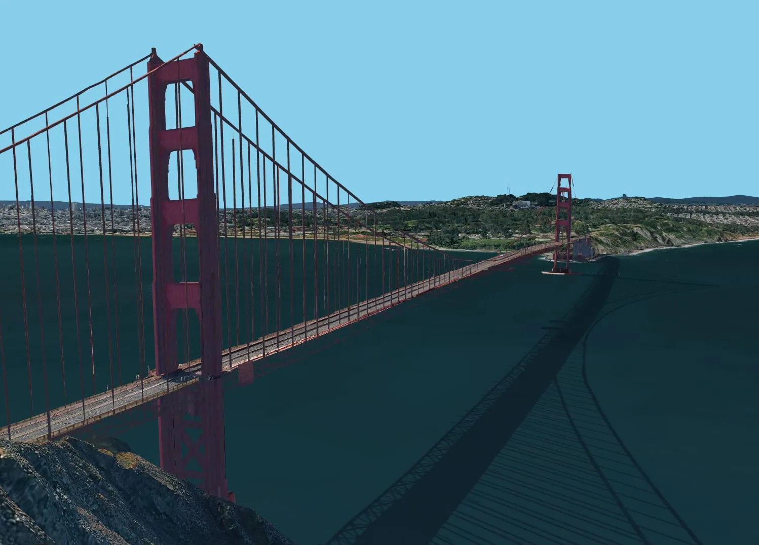 Photorealistic 3D Tiles view of the Golden Gate Bridge