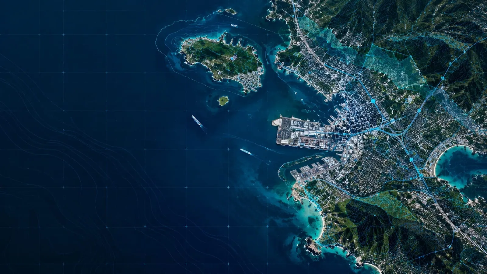 Aerial view of a coastal city and harbor overlaid with CoreSpatial map layers, road networks, and terrain contours