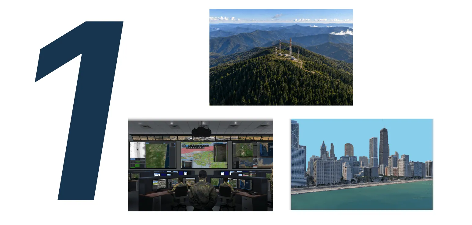 A mountaintop communications site, an operations center with analysts at map displays, and a 3D city skyline along a lakefront