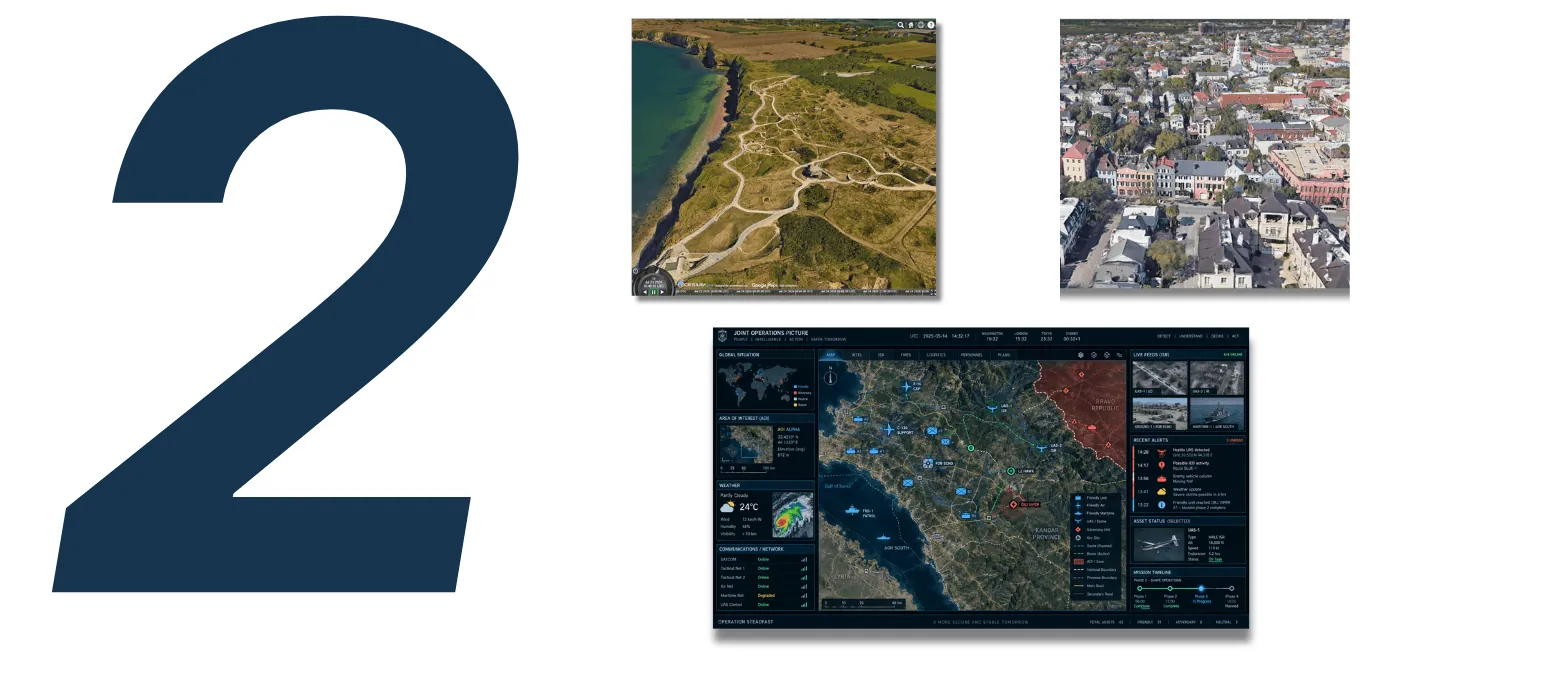 CoreSpatial 3D views of a coastline and a historic city, above a joint operations picture dashboard