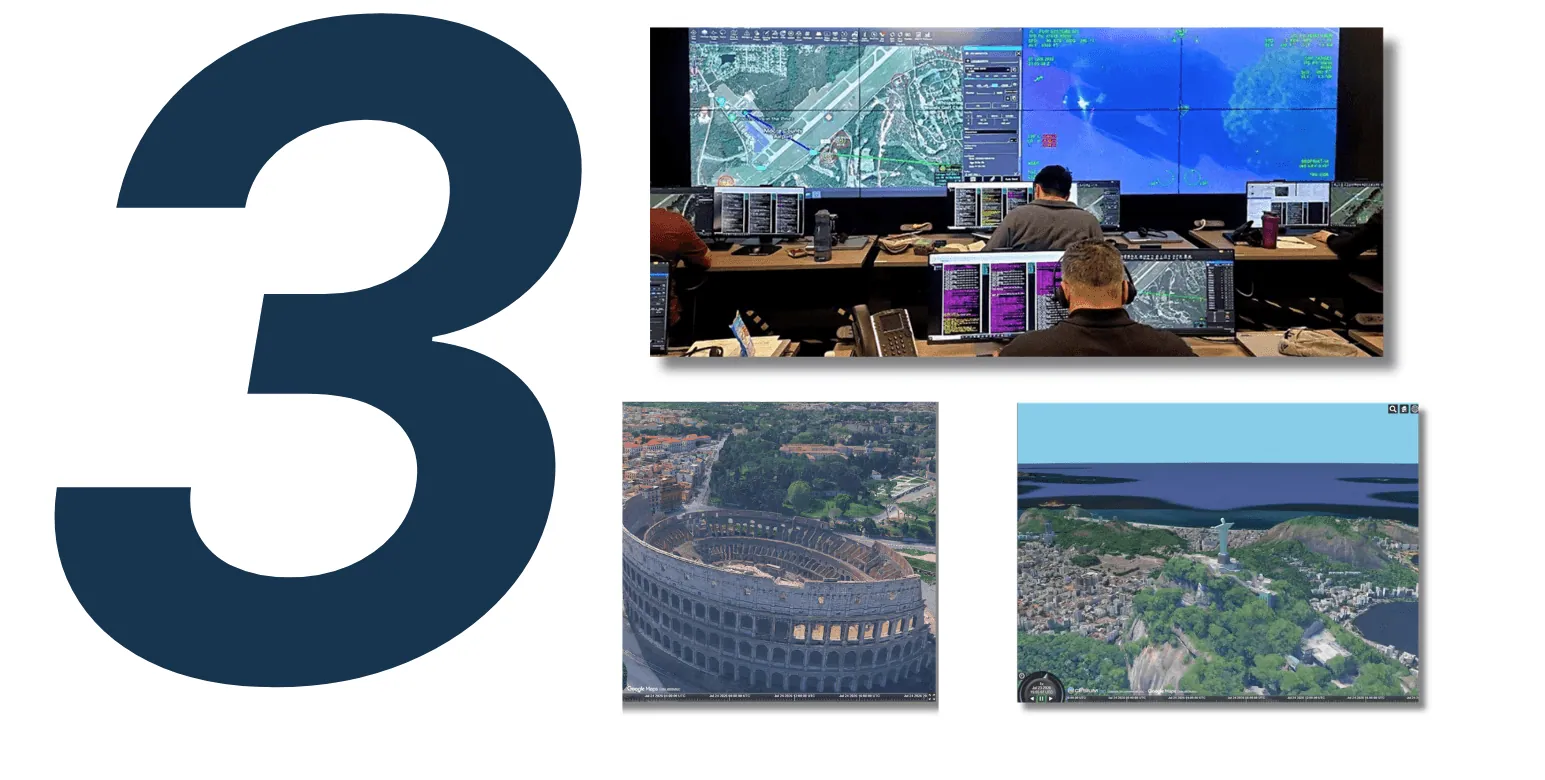 Operators at a video wall of map and sensor feeds, with CoreSpatial 3D views of the Colosseum in Rome and Christ the Redeemer in Rio de Janeiro
