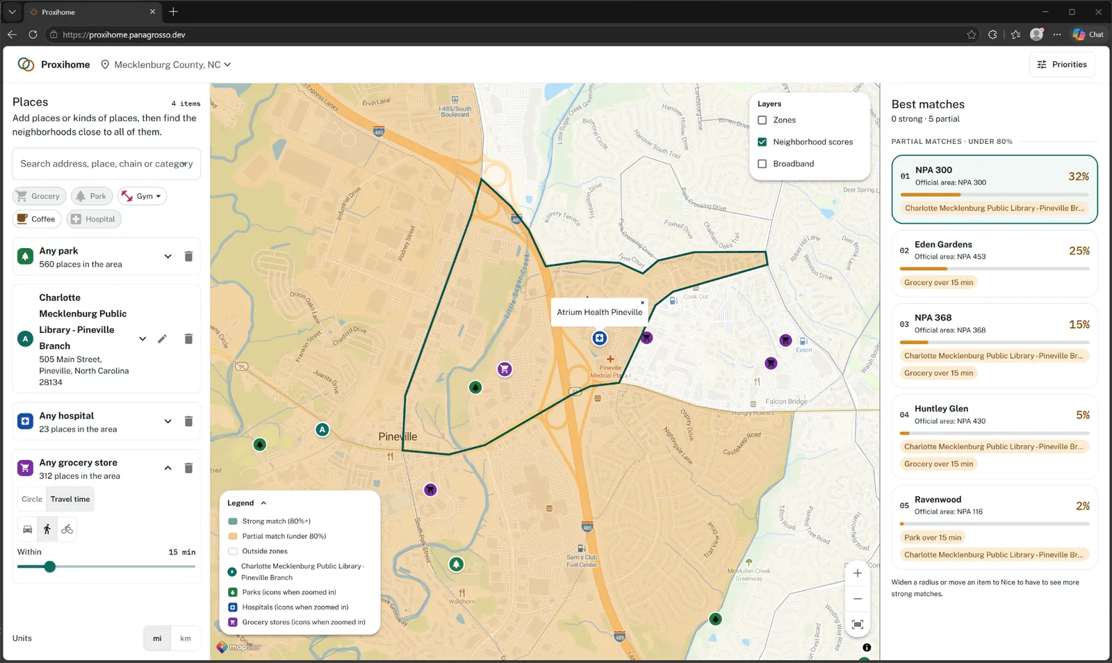 The finished app: a list of places on the left, a map of Pineville, North Carolina with a highlighted neighborhood in the center, and ranked neighborhood matches on the right