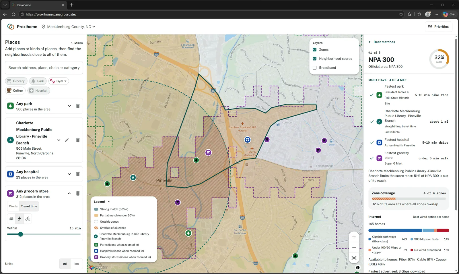 A neighborhood detail view showing travel-time zones on the map and a breakdown of how quickly each must-have place can be reached by walking, biking, or driving